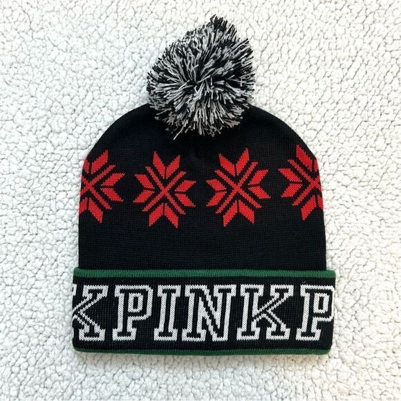 PINK Victorias Secret Beanie Hat Tobaggan Pom Pom Chic Holiday Snowflake Beanie - Picture 1 of 5